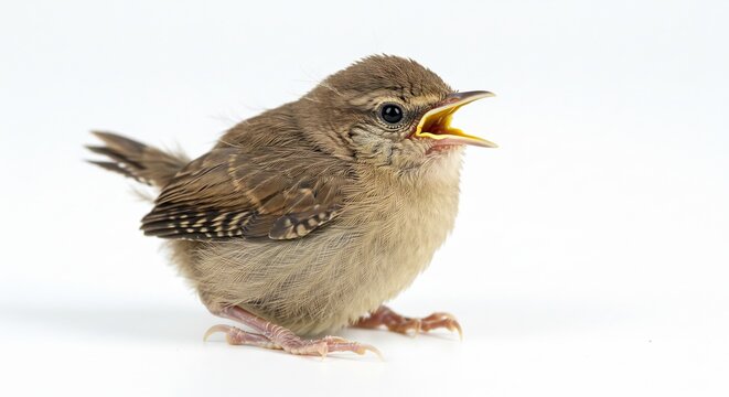 Tiny brown fledgling chick squawking loudly with its beak wide open on a pristine white background. AI Generated