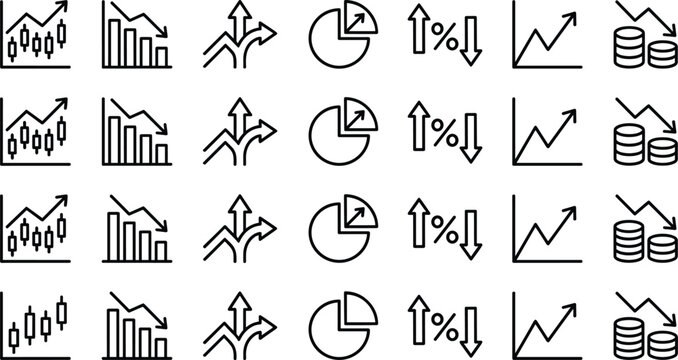 Financial Chart and Stock Market Icon Set with Growth, Loss, Percentage, Pie Chart, and Investment Symbols for Business Designs