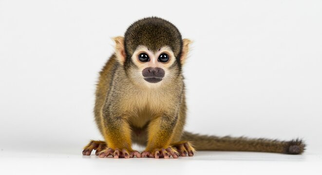 Curious young squirrel monkey sits alertly on a seamless white backdrop bathed in soft even studio light wildlife. AI Generated