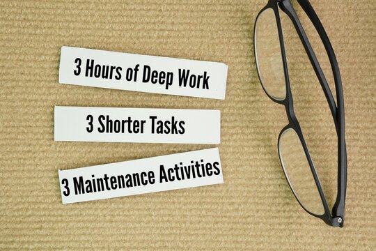 What is the 3-3-3 rule for working? 3 Hours of Deep Work, 3 Shorter Tasks, 3 Maintenance Activities word. popular productivity method that helps you break your day into manageable blocks