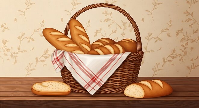 Freshly baked bread in wicker basket.