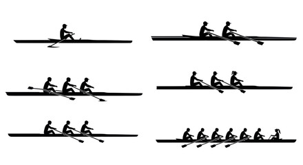 Rowing Team Silhouettes: Single Scull to Eight-Man Crew on White Background © Iwak