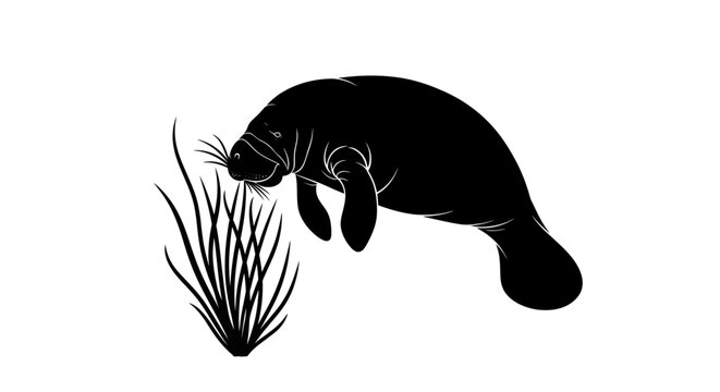 Black Silhouette of a Manatee Swimming Near Sea Grass