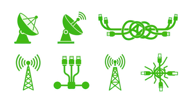 Green Technology Icons: Satellite Dishes, Antennas, Network Cables, Connectivity