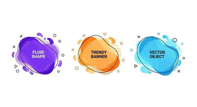 Set of abstract fluid liquid banners with geometric decorative elements in vibrant colors
