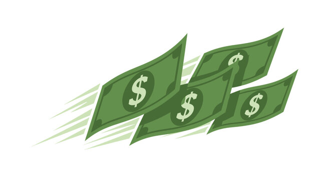 Flying dollar banknotes representing fast money, quick profit, and financial wealth movement