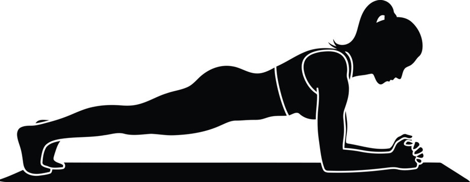 Silhouette of woman performing forearm plank exercise isolated on white background, fitness and core strength concept