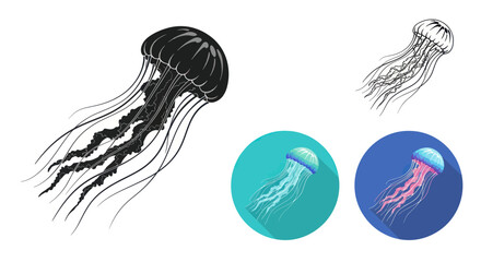 Jellyfish Illustration Set: Black Silhouette, Sketch, and Colorful Icons © Iwak