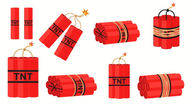 Dynamite Sticks Collection, Explosive Power, TNT Red Blocks with Fuse