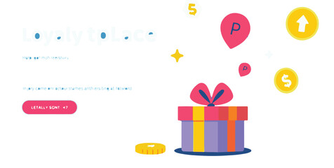 Obraz premium Gift Box with Coins and Reward Pin Symbols for Loyalty Program