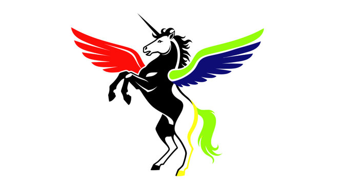 Majestic Winged Unicorn Rearing Up with Colorful Wings and Tail