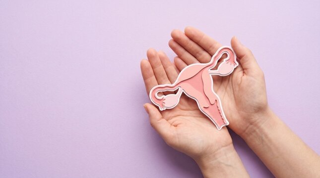 Female reproductive system paper model held in hands, anatomical uterus and ovaries icon on purple background, women health and gynecology concept