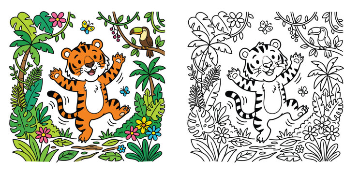 Happy Tiger Cub Dancing in a Lush Jungle with Toucan and Butterflies - Cheerful Cartoon Illustration