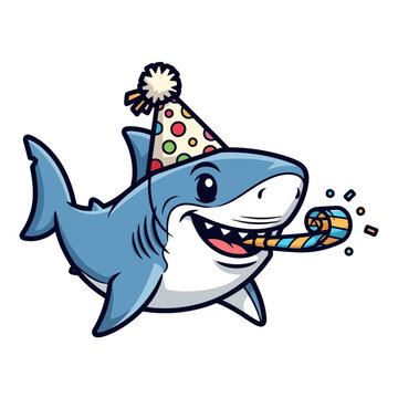 Cute cartoon shark celebrating a birthday with a party hat and noisemaker.