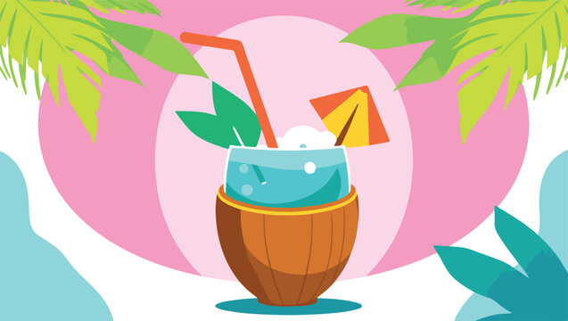 Tropical Coconut Cocktail with Straw and Fruit Garnish on Pink Beach Background