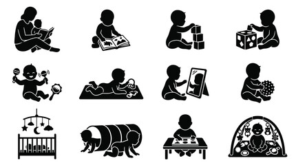 Obraz premium parent reading book to baby silhouette baby picture book silhouette stacking blocks silhouette shape sorter toy silhouette musical toy silhouette baby tummy time play silhouette baby mirror pla