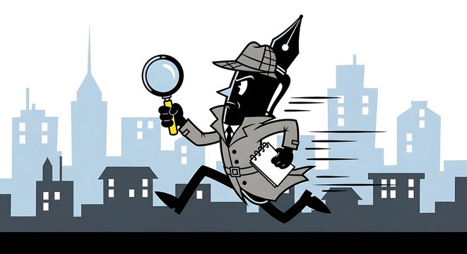 Cartoon detective running with magnifying glass.