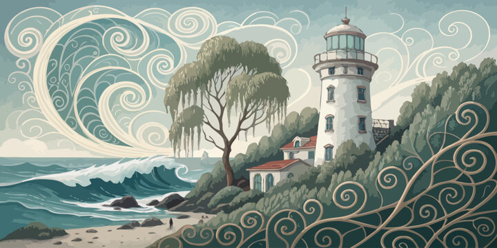 Coastal lighthouse on a hill with crashing waves and stylized swirls art nouveau lighthouse landscape building architecture stylized artistic dramatic illustration decorative environment