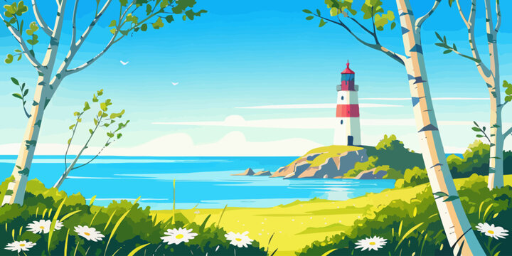 Lighthouse on a coastal hill with ocean view and green grass in spring lighthouse landscape destination maritime nautical architecture illustration daylight
