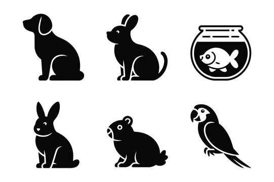 Diverse collection of common pet animals silhouettes icons set with companion