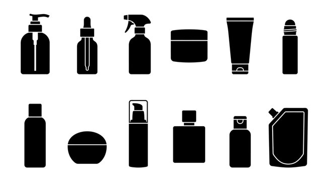 pump bottle silhouette  dropper bottle silhouette  spray bottle silhouette  jar container silhouette  cosmetic tube silhouette  roll-on bottle silhouette  airless pump bottle silhouette  square perfum