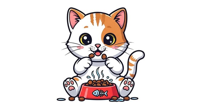 Cute cartoon cat eating from bowl.