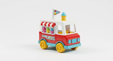 Fototapeta premium Playful red toy ice cream truck delivers a whimsical charm in a brightly lit clean studio shot. AI Generated