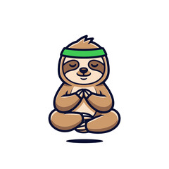 Fototapeta premium Cute Sloth Meditating with Green Headband Cartoon Illustration.