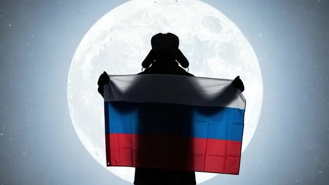 Silhouette of a man wearing a ushanka hat holding a Russian flag against a large full moon at night