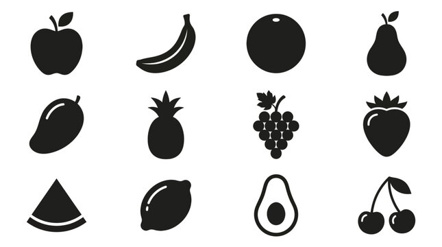  apple silhouette  banana curved shape  orange round form  pear silhouette  mango shape  pineapple silhouette  grape cluster shape  strawberry silhouette  watermelon slice shape  lemon silhouette  