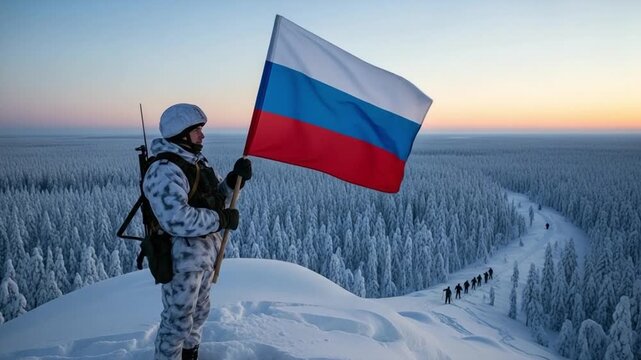 Male soldier in winter camouflage holding a national flag on a snowy mountain peak during a cold arctic expedition