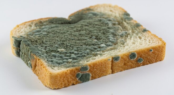 Bright studio light highlights extensive blue green mold covering a single slice of stale white bread. AI Generated