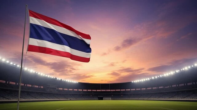 Thai flag waving over empty professional football stadium at sunset for international sports competition