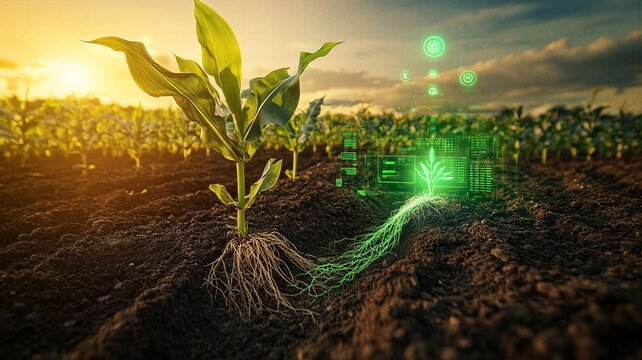 Young plant root system under digital smart tracking interface display in farm field