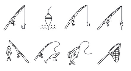 Fishing Gear Icons: Rods, Reels, Float, Lure, Net, and Fish Vector Set © Kardus