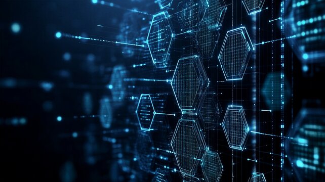 Cybersecurity hexagon module data block pattern with glowing blue digital light lines