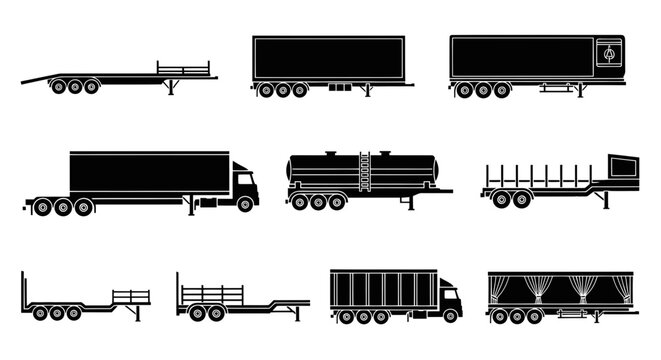 Collection of Black Semi-Trailer Truck Silhouettes - Various Types