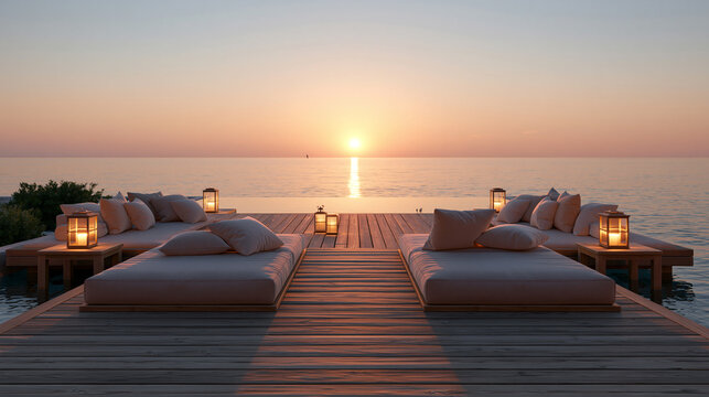 Symmetrical Luxury Deck with Outdoor Daybeds Lanterns and Sunset over Calm Ocean