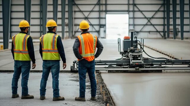 Three male construction workers in safety gear supervising laser screed concrete flooring in warehouse