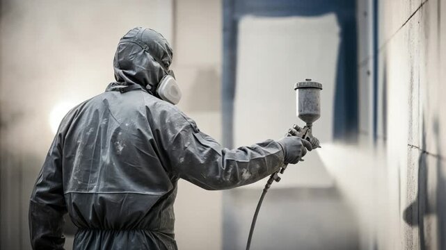 Industrial lead abatement specialist in full protective suit and respirator spraying a wall