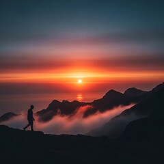 Fototapeta premium Solitary silhouette walks along mountain ridge as sun sets over distant water body