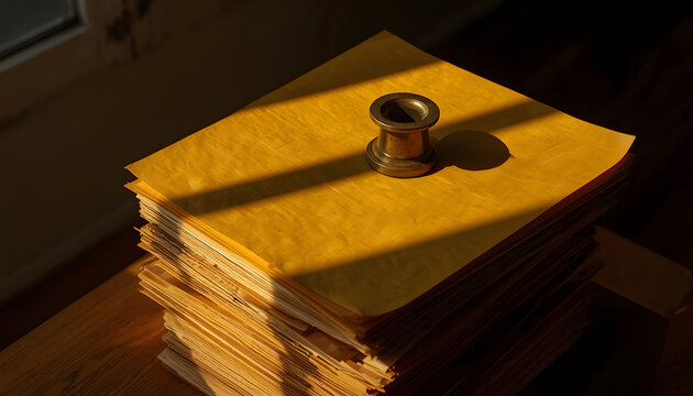 A stack of aged mustard-colored craft papers with a heavy brass paperweight casting a long sharp shadow in autumn light