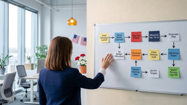 Marketing Manager Arranging Campaign Flowchart with Sticky Notes on Office Whiteboard for Seasonal Promotional Strategy