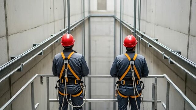 Two male industrial inspectors in safety harnesses and red hard hats checking a concrete elevator shaft