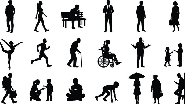 People silhouettes collection with diverse activities including walking running dancing sitting and everyday life poses