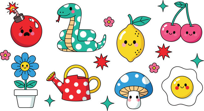 Cute Kawaii Retro Cartoon Character Sticker Set with Snake Bomb Cherry Mushroom and Flower on White Background