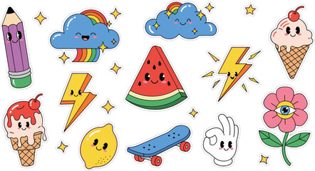 Cute Retro Groovy Cartoon Character Sticker Set with Watermelon Ice Cream Lightning Cloud and Skateboard on White Background © MdRezaul