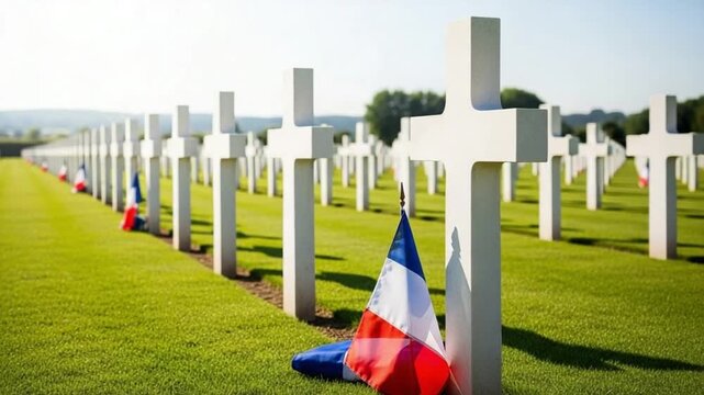Rows of white military grave markers with French flags in a peaceful memorial cemetery at sunset