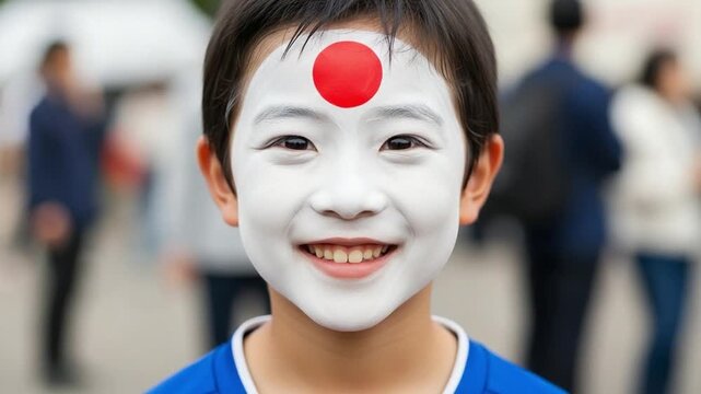 Young Asian Boy with Face Paint of Japanese Flag Symbol Smiling Happily at Outdoor Sports Event