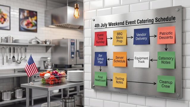 Commercial Kitchen Catering Schedule Board with Sticky Notes for Fourth of July Weekend BBQ Event Food Service Planning